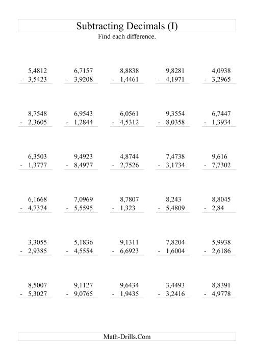 The Subtracting Decimals (Range 1,0001 to 9,9999) (I) Math Worksheet