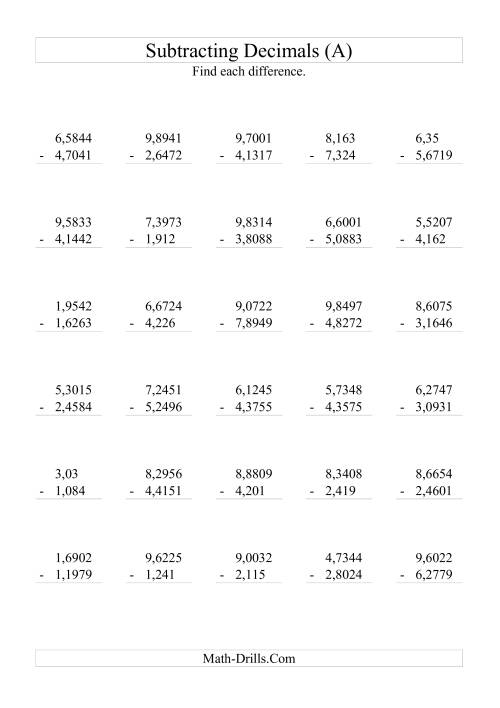 The Subtracting Decimals (Range 1,0001 to 9,9999) (All) Math Worksheet