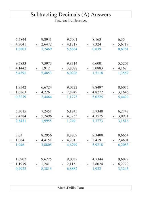 The Subtracting Decimals (Range 1,0001 to 9,9999) (All) Math Worksheet Page 2