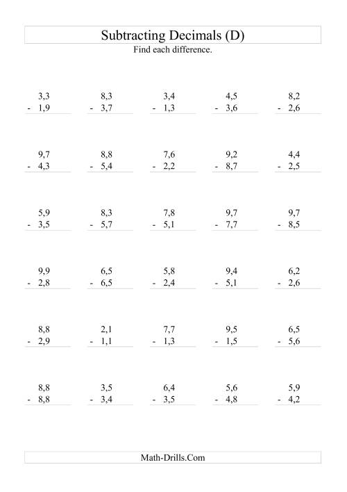 The Subtracting Decimals (Range 1,1 to 9,9) (D) Math Worksheet