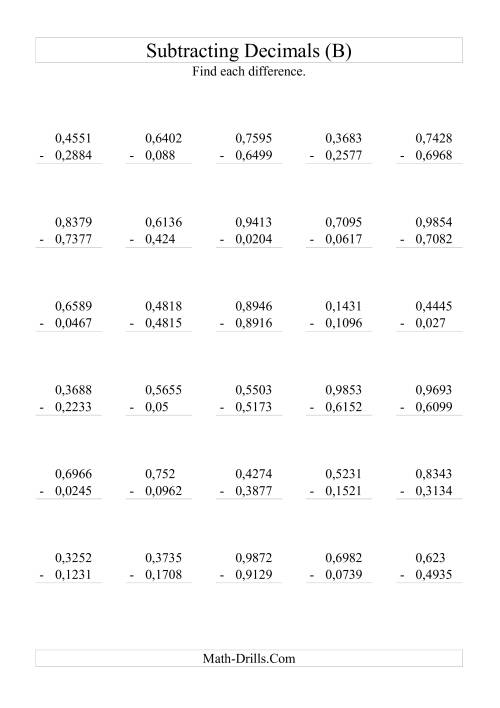 The Subtracting Decimals (Range 0,0001 to 0,9999) (B) Math Worksheet