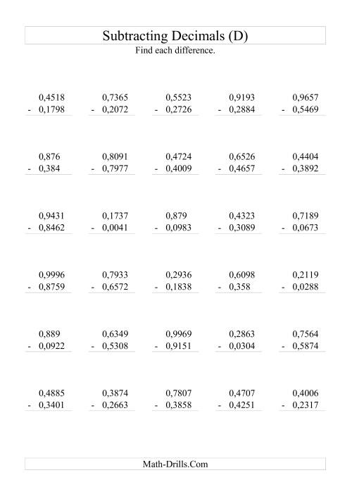 The Subtracting Decimals (Range 0,0001 to 0,9999) (D) Math Worksheet