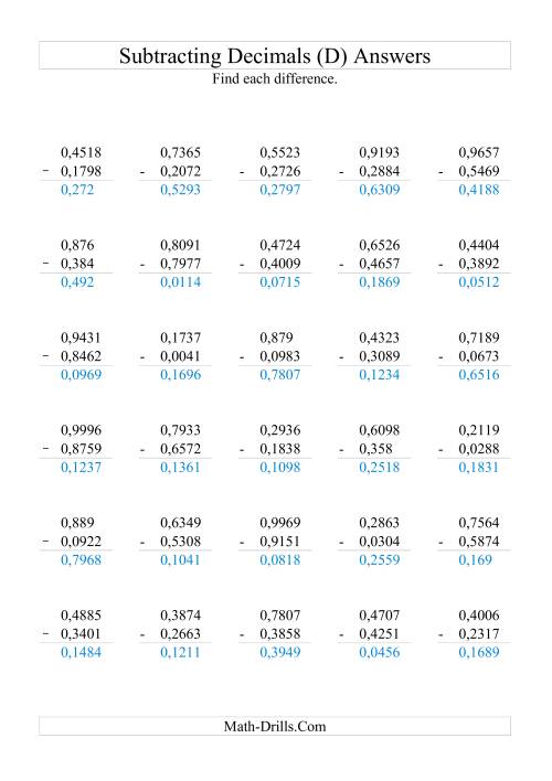 The Subtracting Decimals (Range 0,0001 to 0,9999) (D) Math Worksheet Page 2