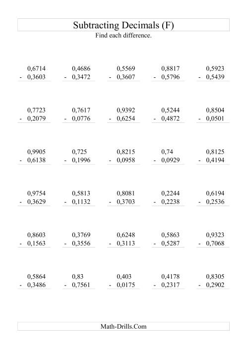 The Subtracting Decimals (Range 0,0001 to 0,9999) (F) Math Worksheet