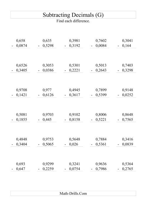 The Subtracting Decimals (Range 0,0001 to 0,9999) (G) Math Worksheet