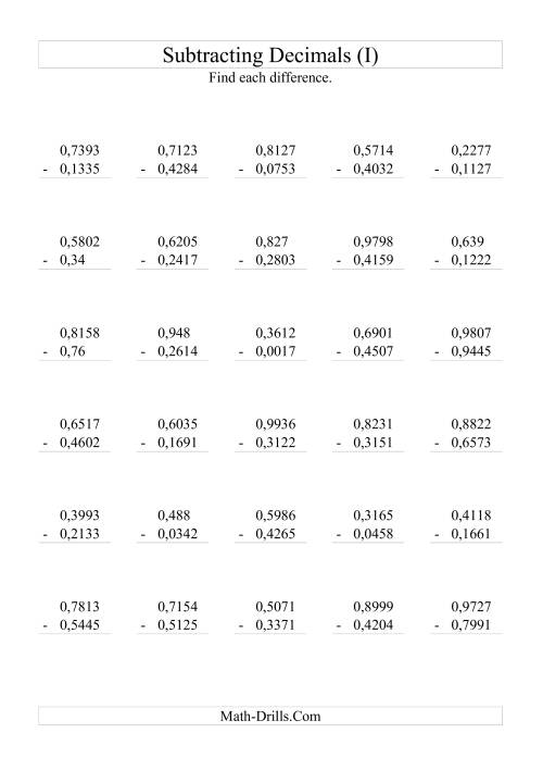 The Subtracting Decimals (Range 0,0001 to 0,9999) (I) Math Worksheet