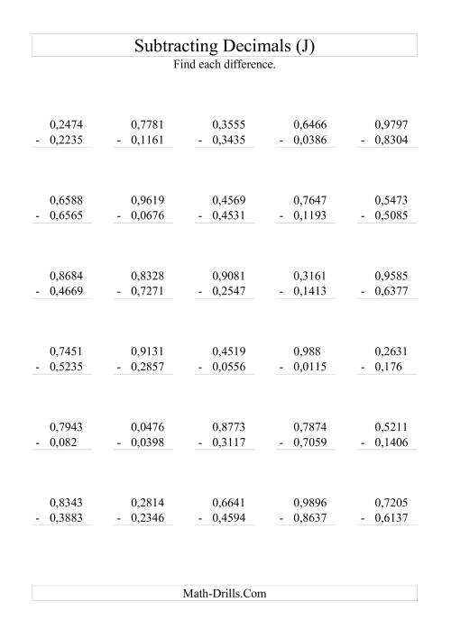 The Subtracting Decimals (Range 0,0001 to 0,9999) (J) Math Worksheet