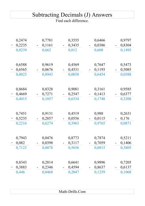 The Subtracting Decimals (Range 0,0001 to 0,9999) (J) Math Worksheet Page 2