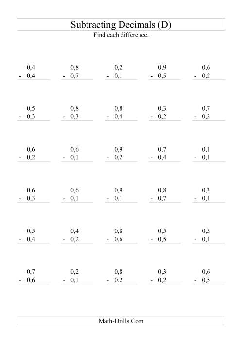 The Subtracting Decimals (Range 0,1 to 0,9) (D) Math Worksheet