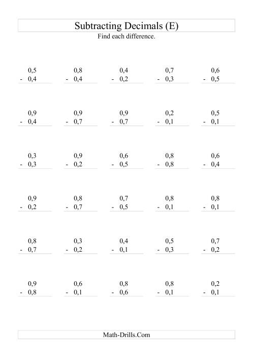 The Subtracting Decimals (Range 0,1 to 0,9) (E) Math Worksheet