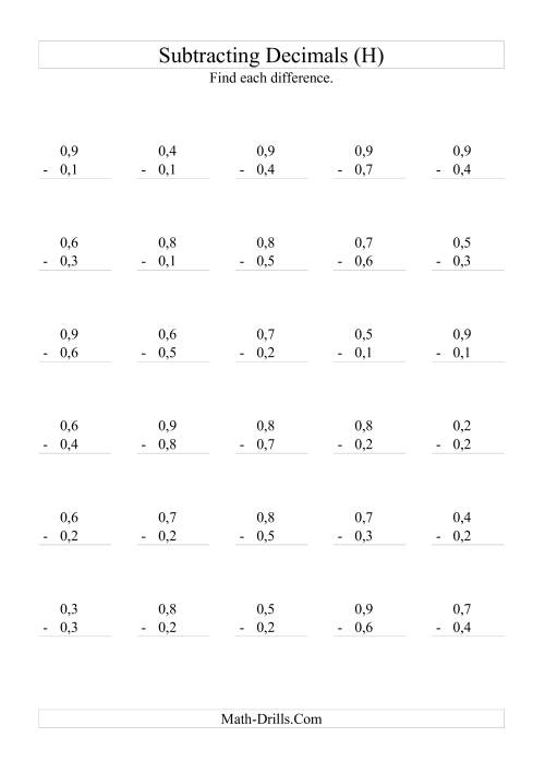 The Subtracting Decimals (Range 0,1 to 0,9) (H) Math Worksheet