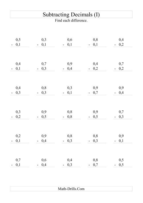 The Subtracting Decimals (Range 0,1 to 0,9) (I) Math Worksheet