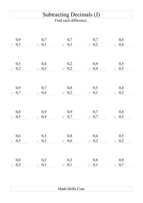 The Subtracting Decimals (Range 0,1 to 0,9) (J) Math Worksheet