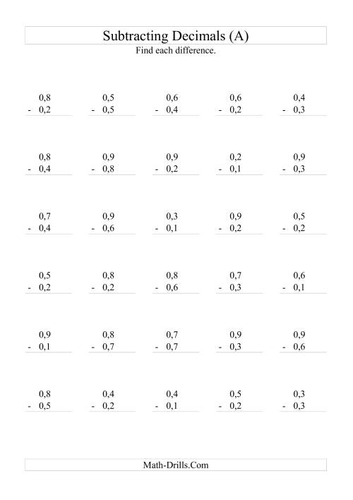 The Subtracting Decimals (Range 0,1 to 0,9) (All) Math Worksheet