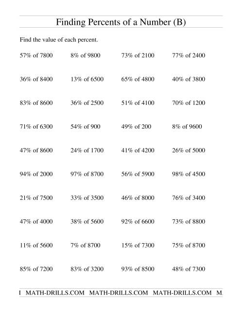 The Finding Percents of a Larger Number (no decimal answers) (B) Math Worksheet