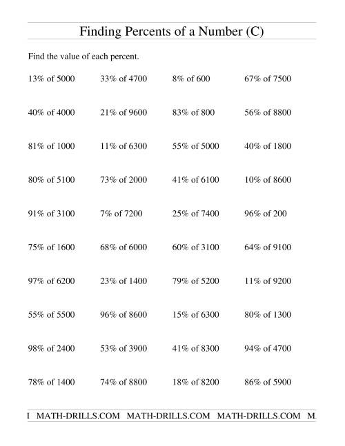 The Finding Percents of a Larger Number (no decimal answers) (C) Math Worksheet