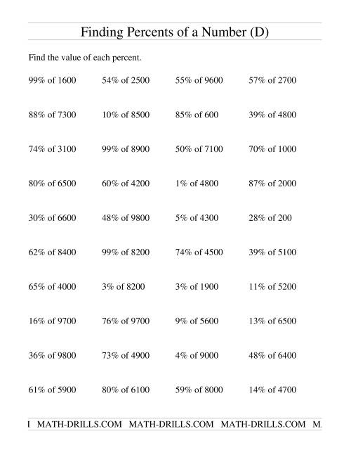 The Finding Percents of a Larger Number (no decimal answers) (D) Math Worksheet