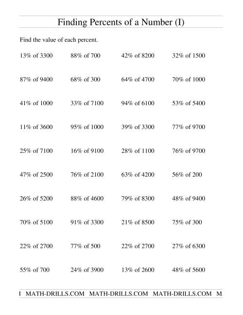 The Finding Percents of a Larger Number (no decimal answers) (I) Math Worksheet