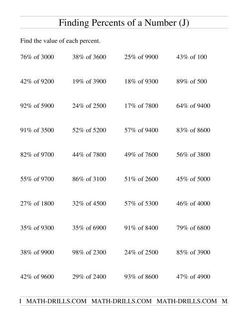 The Finding Percents of a Larger Number (no decimal answers) (J) Math Worksheet