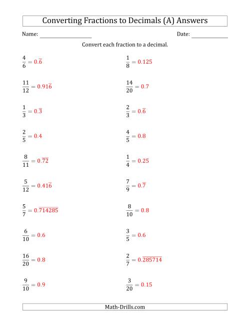 The Converting Fractions to Terminating and Repeating Decimals (A) Math Worksheet Page 2