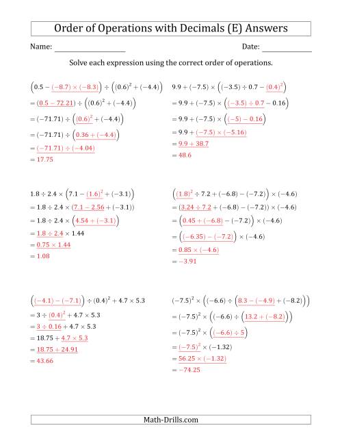 Order of Operations with Negative and Positive Decimals (Five Steps) (E)