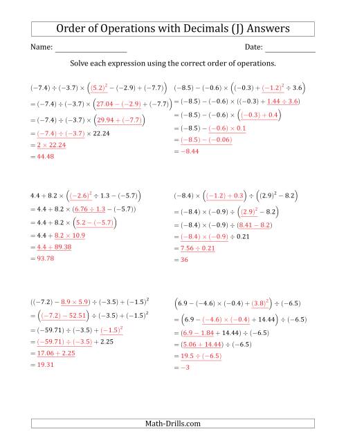 The Order of Operations with Negative and Positive Decimals (Five Steps) (J) Math Worksheet Page 2