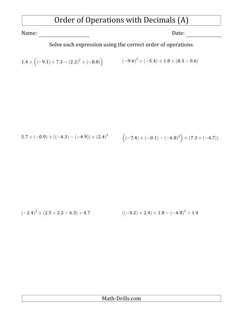 The Order of Operations with Negative and Positive Decimals (Five Steps) (All) Math Worksheet