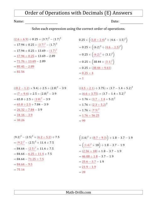 Order of Operations with Positive Decimals (Six Steps) (E)