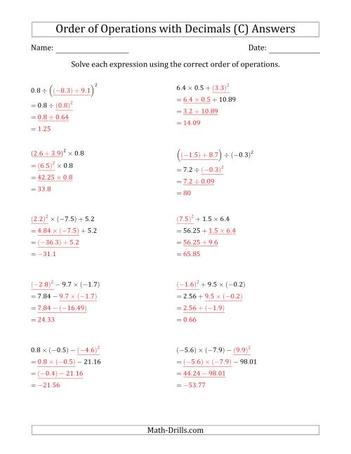 The Order of Operations with Negative and Positive Decimals (Three Steps) (C) Math Worksheet Page 2