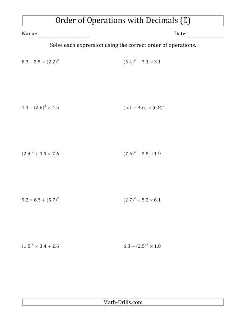 The Order of Operations with Positive Decimals (Three Steps) (E) Math Worksheet