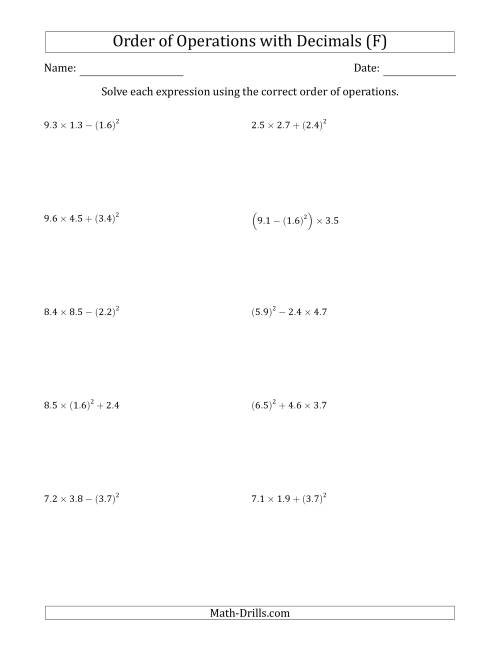 The Order of Operations with Positive Decimals (Three Steps) (F) Math Worksheet