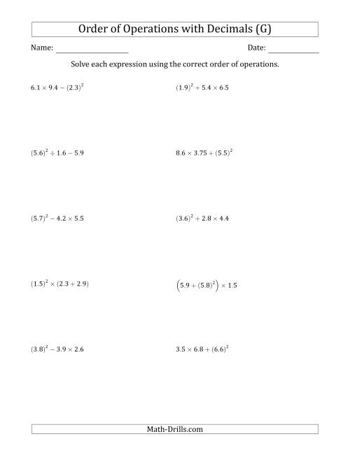 The Order of Operations with Positive Decimals (Three Steps) (G) Math Worksheet