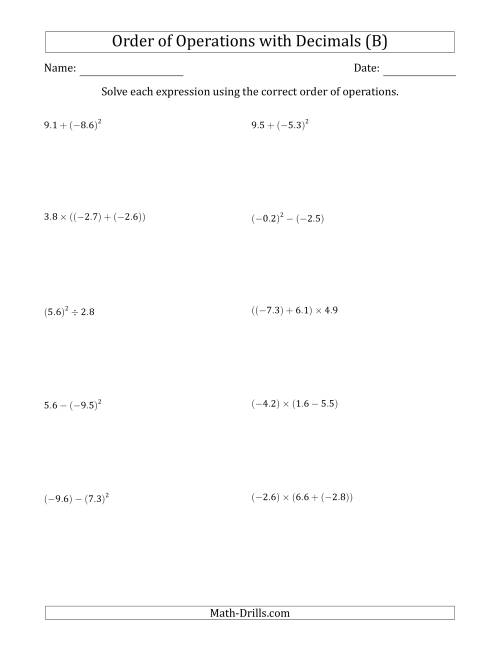 The Order of Operations with Negative and Positive Decimals (Two Steps) (B) Math Worksheet