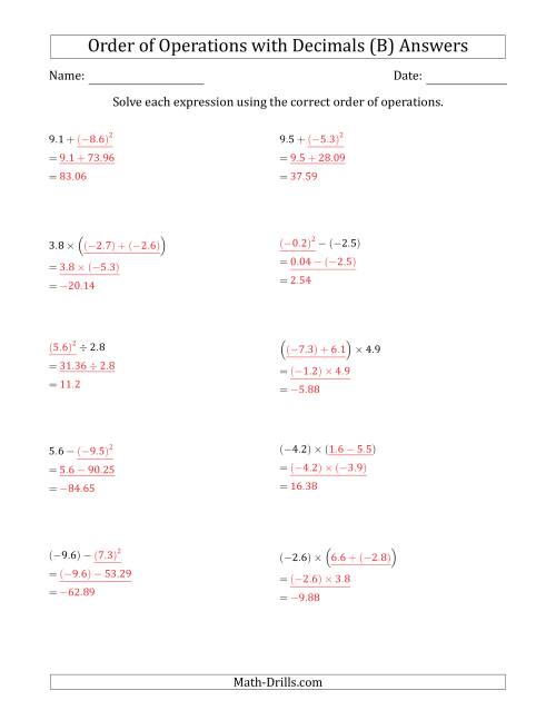 The Order of Operations with Negative and Positive Decimals (Two Steps) (B) Math Worksheet Page 2