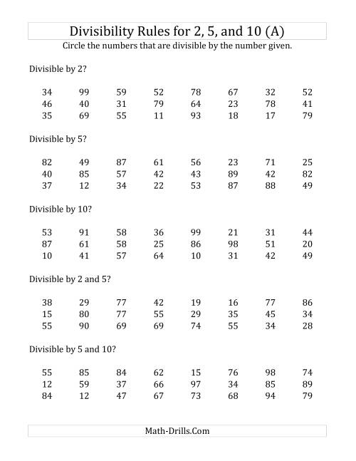 The Divisibility Rules for 2, 5 and 10 (2 Digit Numbers) (A) Math Worksheet