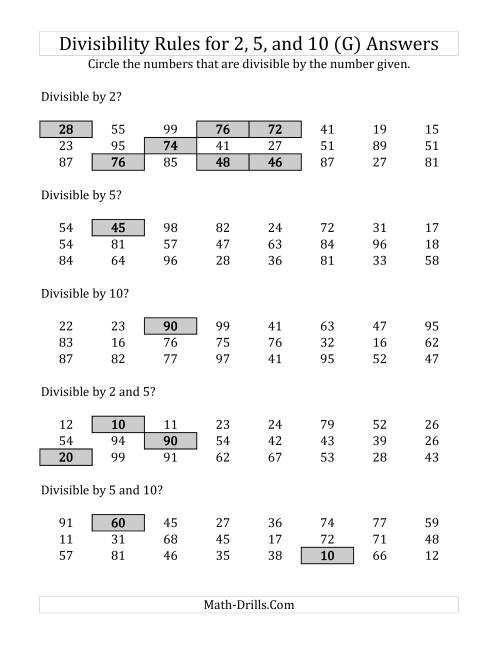 Divisibility Rules for 2, 5 and 10 (2 Digit Numbers) (G)