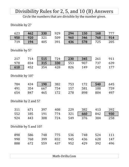 Divisibility Rules for 2, 5 and 10 (3 Digit Numbers) (B)