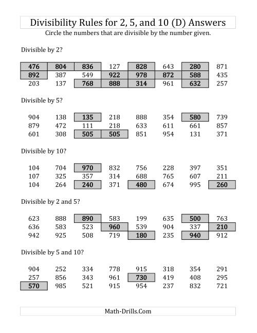 The Divisibility Rules for 2, 5 and 10 (3 Digit Numbers) (D) Math Worksheet Page 2