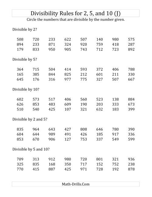 The Divisibility Rules for 2, 5 and 10 (3 Digit Numbers) (J) Math Worksheet