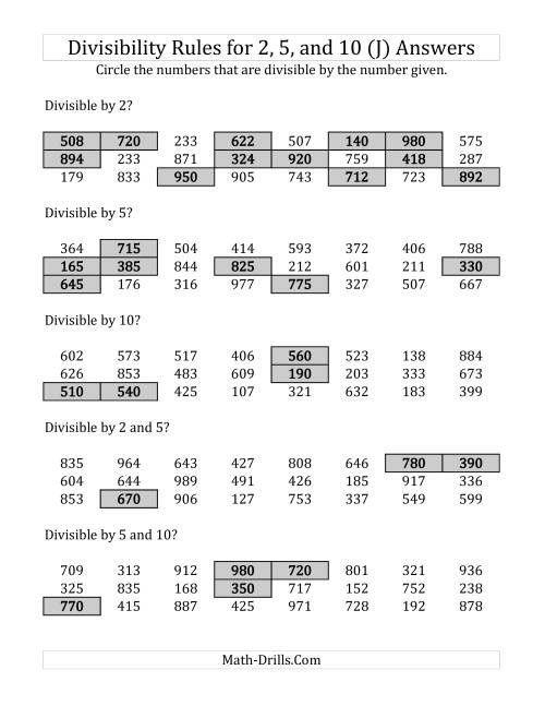 The Divisibility Rules for 2, 5 and 10 (3 Digit Numbers) (J) Math Worksheet Page 2