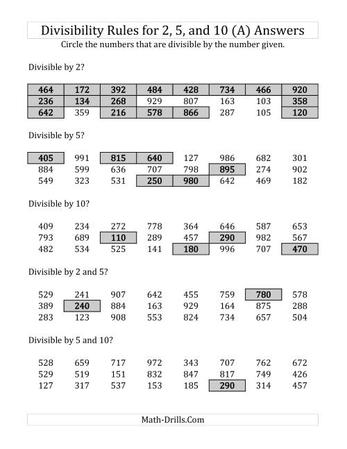 The Divisibility Rules for 2, 5 and 10 (3 Digit Numbers) (All) Math Worksheet Page 2