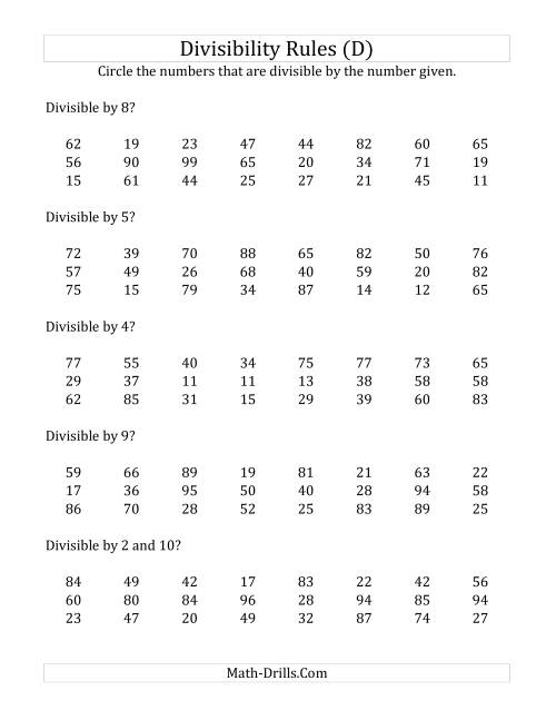 The Divisibility Rules for Numbers from 2 to 10 (2 Digit Numbers) (D) Math Worksheet