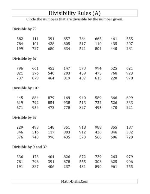 The Divisibility Rules for Numbers from 2 to 10 (3 Digit Numbers) (All) Math Worksheet