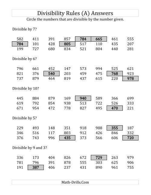 The Divisibility Rules for Numbers from 2 to 10 (3 Digit Numbers) (All) Math Worksheet Page 2