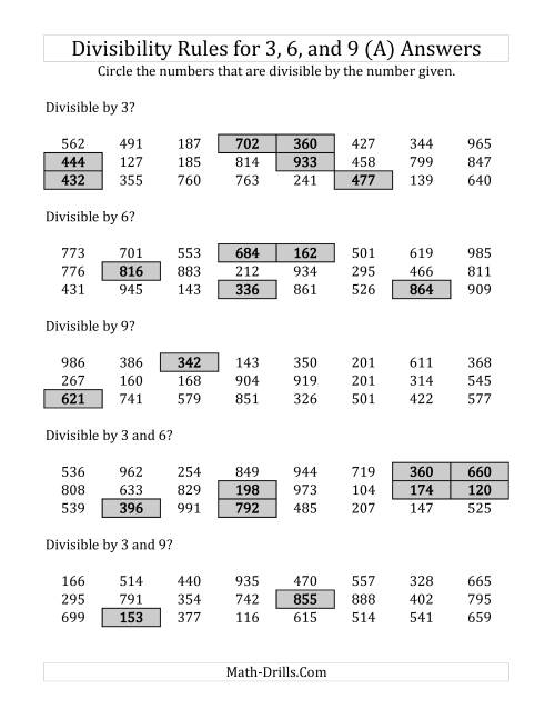 Divisibility Rules For 3 6 And 9 3 Digit Numbers All 