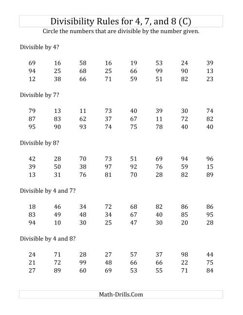 The Divisibility Rules for 4, 7 and 8 (2 Digit Numbers) (C) Math Worksheet