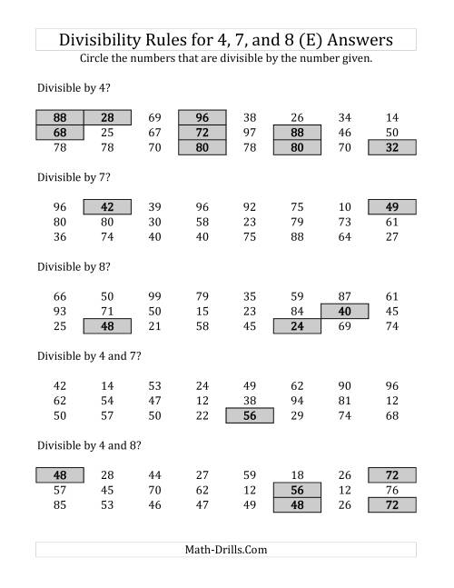 The Divisibility Rules for 4, 7 and 8 (2 Digit Numbers) (E) Math Worksheet Page 2