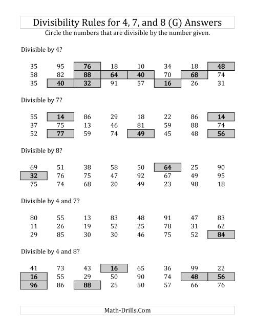 The Divisibility Rules for 4, 7 and 8 (2 Digit Numbers) (G) Math Worksheet Page 2