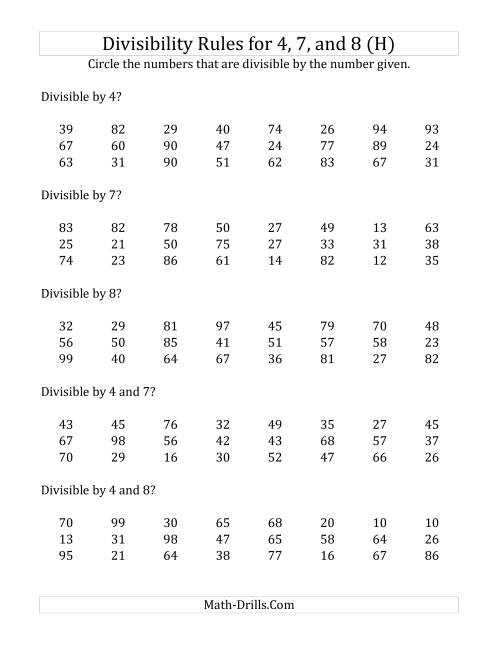 The Divisibility Rules for 4, 7 and 8 (2 Digit Numbers) (H) Math Worksheet