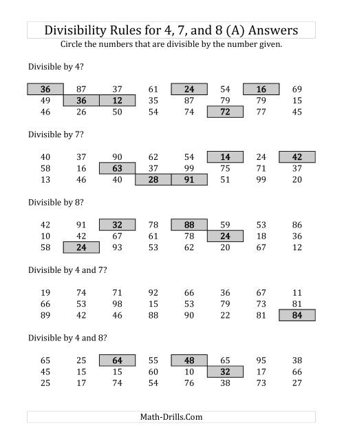 The Divisibility Rules for 4, 7 and 8 (2 Digit Numbers) (All) Math Worksheet Page 2